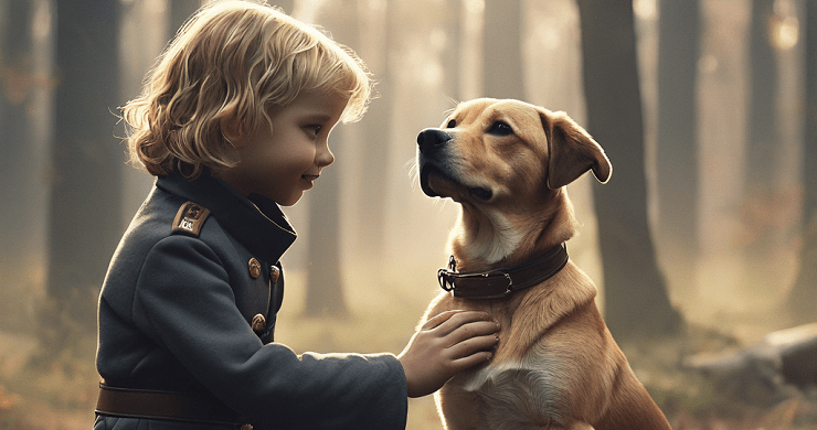 Image of a boy patting a dog. This is an image of trust and loyalty