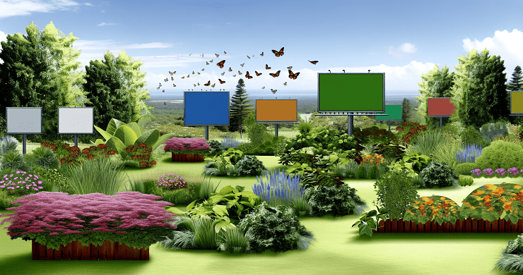 Image of different colour computer screens in a garden with flowers and butterflies. Blending Paid Social with Organic Social Media