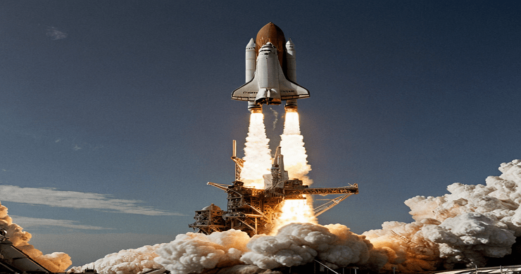 Space shuttle launching into clear skies. Affiliate marketing take off